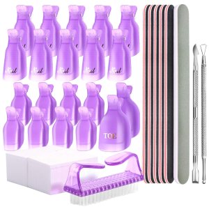 Teenitor Gel Nail Polish Remover Tools Kit, Nail Clips For Polish Removal, Nail Remover Pads Cuticle Peeler Nail File Buffer Nail Brushes, Nail Soak Off Clips For Hands and Toes Purple