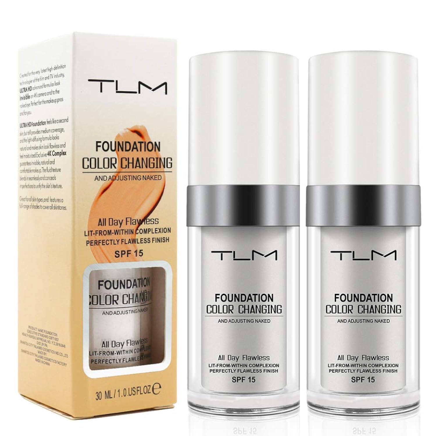 ReviGLam TLM Colour Changing Liquid Foundation Hides Wrinkles & Lines, BB Cream Makeup Base Concealer Cover Moisturizing Fluid for all Skin Tone SPF15, Pack of 2 ReviGLam TLM Colour Changing Liquid Foundation Hides Wrinkles & Lines, BB Cream Makeup Base Concealer Cover Moisturizing Fluid for all Skin Tone SPF15, Pack of 2