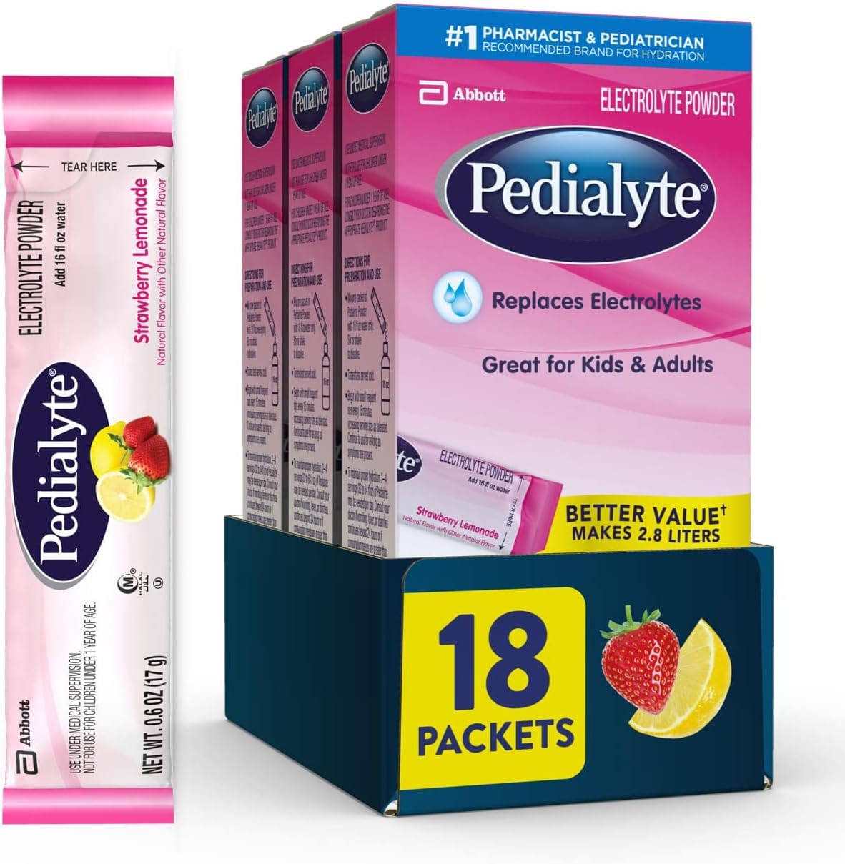 Pedialyte Electrolyte Powder Packets, Strawberry Lemonade, Hydration Drink, 18 Single-Serving Powder Packets Pedialyte Electrolyte Powder Packets, Strawberry Lemonade, Hydration Drink, 18 Single-Serving Powder Packets