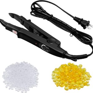 Fusion Hair Extensions Tool US Plug Professional Hair Extensions Tools Fusion Heat Iron Connector Wand U Tip Hair Extensions with 2 Bags Keratin Glue Granule Beads for Hair Extensions, C Head (Black)
