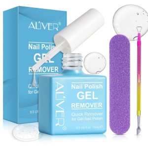 ALIVER Gel Nail Polish Remover 0.5 fl ozwith Nail File & Nail Polish Scraper, Professional Gel Polish Remover for Nails, Quick & Easy Polish Remover Within 2-5 Minutes