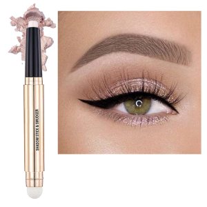 2 in 1 eyeshadow stick and Sponge Makeup Brush, Smooth Cream Shimmer Shadow Pencil Long Lasting Waterproof Eye Shadow Highlighter, Hypoallergenic Highlighter Multi-Dimensional eyes Look
