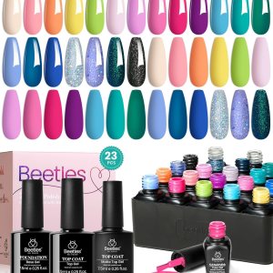 Beetles 23Pcs Gel Nail Polish Set with Base Gel Top Coat Summer Bright Colors, 2024 Summer Gel Polish Kit Blue Pink Purple Orange Green Glitter Soak Off Uv Led Nail Gel Trendy Rainbow Nail Art