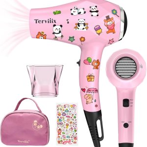 Terviiix Mini Portable Travel Hair Dryer, Small Lightweight Blow Dryer, 1000W Compact Kids Hairdryer with DIY Stickers, Travel Dryer with Concentrate Nozzle Attachment for Travel, Dual Voltage