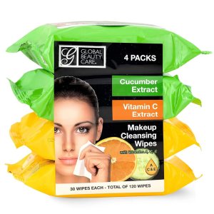 Global Beauty Care Cleansing Makeup Removal Wipes Bulk – Great for travel toiletries – 120 Count (4-Pack) (Cucumber & Vitamin C)