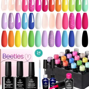Beetles 24Pcs Gel Nail Polish Set with Base Gel Top Coat White Black Liner Gel Nail Art Brush, 2024 Summer Gel Polish Kit Neon Bright Blue Pink Purple Green Jelly Gel Polish Soak Off Uv Gel Nail Kit