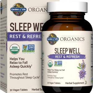 Garden of Life Organics Sleep Well Rest & Refresh 30 Tablets, Lemon Balm, Green Tea Extract L-Theanine, Valerian Root, Chamomile, Probiotics-Organic Non-GMO Vegan Gluten Free Herbal Supplement