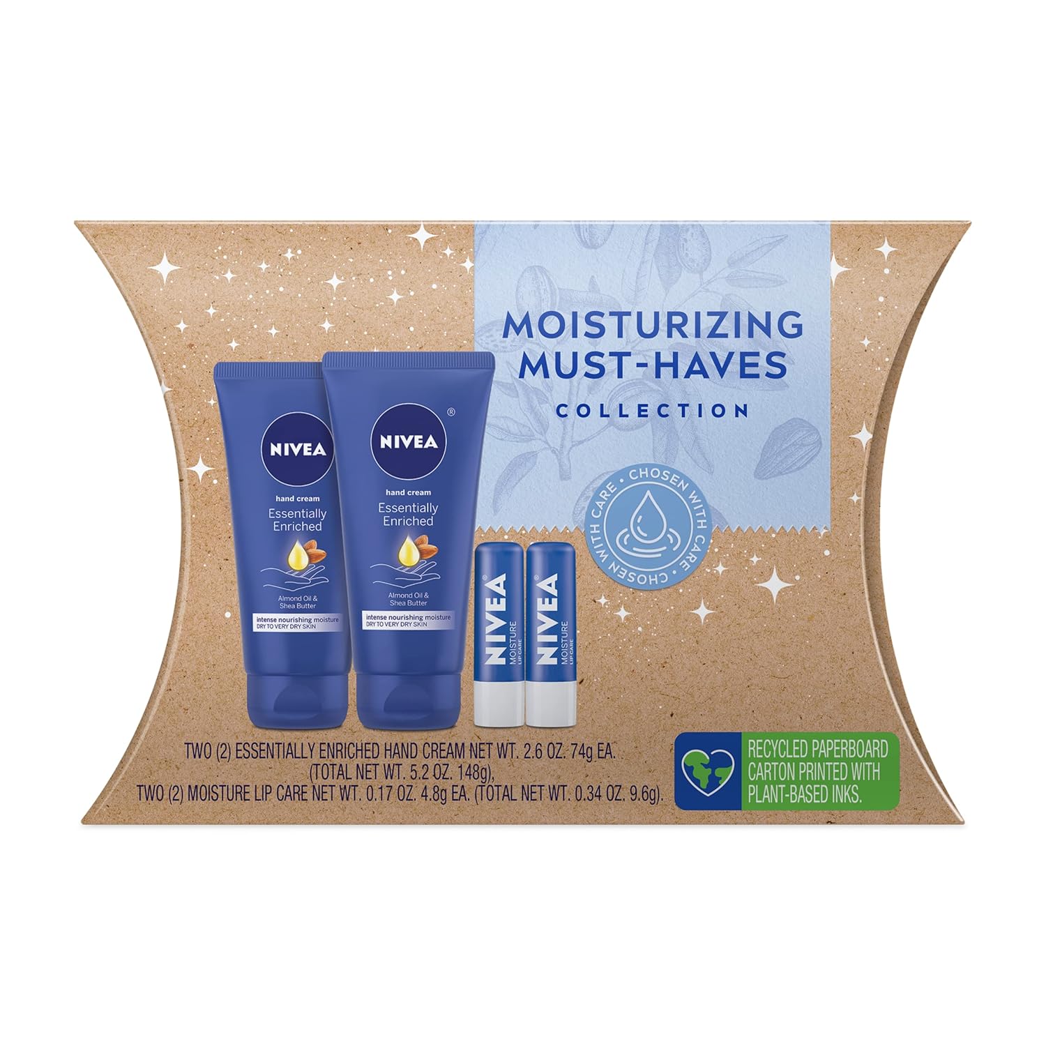 NIVEA Moisturizing Must-Haves Skin Care Set, Essentially Enriched Hand Cream with Almond Oil and Shea Butter, 2.6 Oz Tube (Pack of 2) + Moisture Lip Care Lip Balm, 0.17 Oz Stick (Pack of 2) NIVEA Moisturizing Must-Haves Skin Care Set, Essentially Enriched Hand Cream with Almond Oil and Shea Butter, 2.6 Oz Tube (Pack of 2) + Moisture Lip Care Lip Balm, 0.17 Oz Stick (Pack of 2)