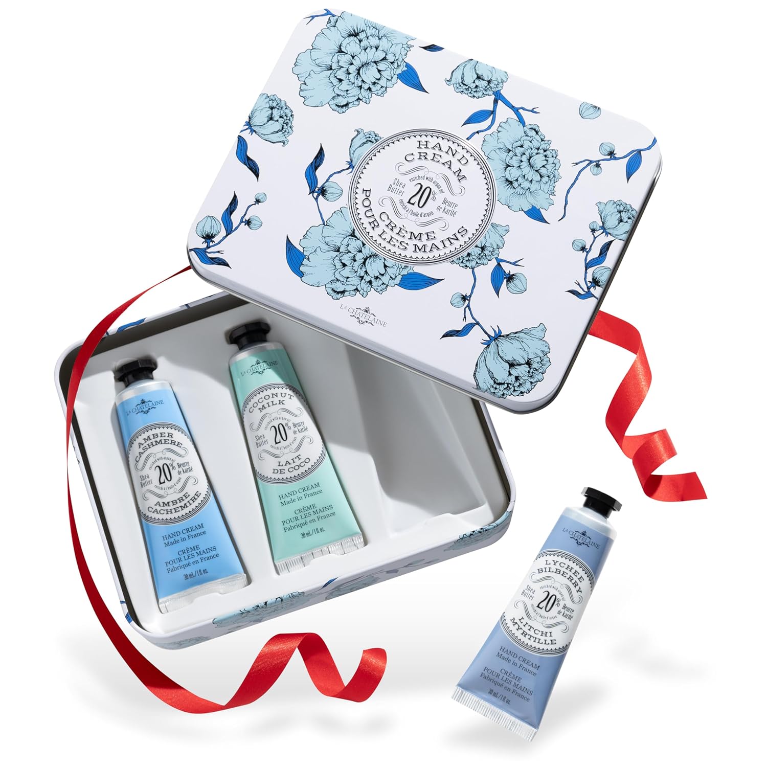 La Chatelaine Hand Cream Trio Tin Gift Set, Ready-To-Gift Tin, Nautral, Made in France with 20% Organic Shea Butter, Nourishing and Moisturizing (Amber Cashmere, Coconut Milk, Lychee Bilberry or Shea) La Chatelaine Hand Cream Trio Tin Gift Set, Ready-To-Gift Tin, Nautral, Made in France with 20% Organic Shea Butter, Nourishing and Moisturizing (Amber Cashmere, Coconut Milk, Lychee Bilberry or Shea)