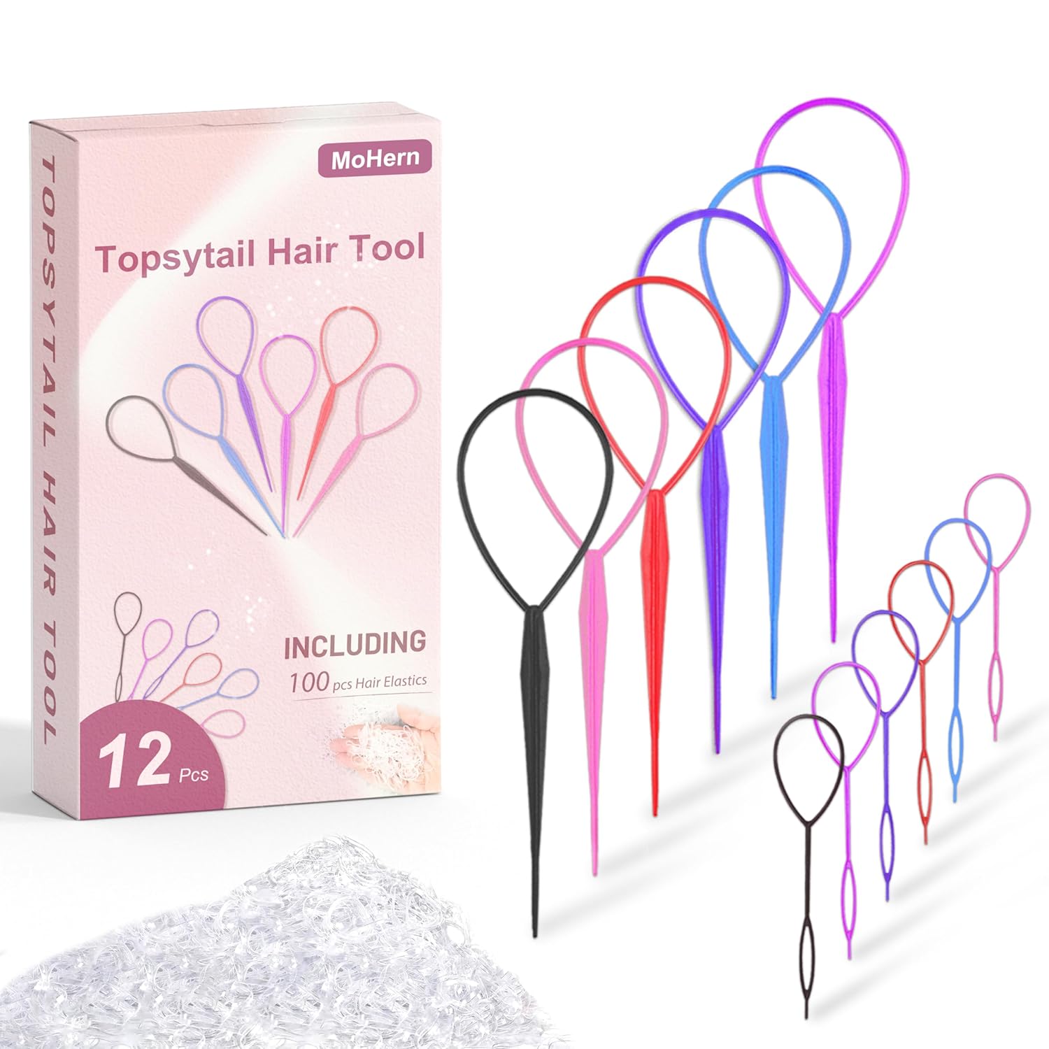Topsy Tail Topsytail Hair Tool, 12 Pcs Hair Pull Through Tool for Woman with 100 Pcs Hair Elastics, Colorful Hair Accessories for Girls by MoHern Topsy Tail Topsytail Hair Tool, 12 Pcs Hair Pull Through Tool for Woman with 100 Pcs Hair Elastics, Colorful Hair Accessories for Girls by MoHern