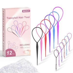 Topsy Tail Topsytail Hair Tool, 12 Pcs Hair Pull Through Tool for Woman with 100 Pcs Hair Elastics, Colorful Hair Accessories for Girls by MoHern