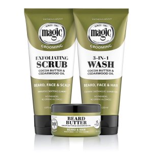 Softsheen-Carson Magic – Shaving Beard Grooming Kit for Men with Cedarwood Oil- Beard Butter, Scrub and Cleanser- Gift Set for Beard, Face & Hair Care, 1 kit