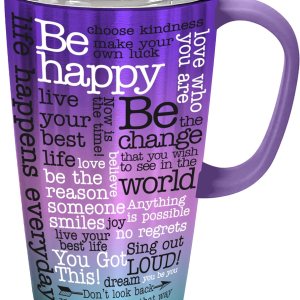 Spoontiques – Stainless Steel Travel Mug with Handle – 18 oz Capacity – Double Wall Stainless Steel with Sliding Lock Travel Lid – 6” Tall – Positive Stainless Travel Mug