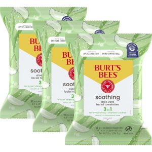 Burt’s Bees Aloe Vera Face Wipes, for Sensitive Skin, Soothing Makeup Remover & Facial Cleansing Towelettes, 30 Ct. (3-Pack)