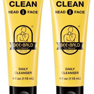 Bee Bald 2-Pack CLEAN Daily Cleanser for face & head refreshes and thoroughly cleanses, gently scrubbing away dry, flaky skin, leaving a fresh, tingling sensation and smell of ‘clean’, 4 Fl. Oz. Each
