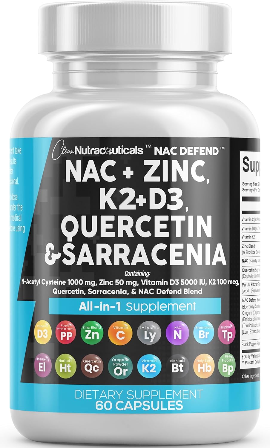 Clean Nutraceuticals NAC Supplement N-Acetyl Cysteine 1000mg Vitamin D3 K2 Zinc Quercetin 1000mg Sarracenia Purpurea 1000mg with Elderberry Holy Basil Bee Propolis Bromelain L-Lysine – 60 Count Clean Nutraceuticals NAC Supplement N-Acetyl Cysteine 1000mg Vitamin D3 K2 Zinc Quercetin 1000mg Sarracenia Purpurea 1000mg with Elderberry Holy Basil Bee Propolis Bromelain L-Lysine – 60 Count