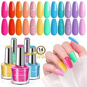 SAVILAND Finger Nail Polish Set for Beginner : 0.34oz Air Quick Dry Regular Toenail Polish Non Gel 12 Neon Colors Bulk Nail Polish Kit Base-Top Polish Glitter Toe Nail Lacquer Gift for Manicure Lover