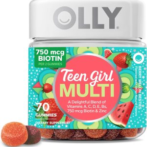 OLLY Teen Girl Multi Gummy, Healthy Skin and Immune Support, 15 Essential Vitamins, Biotin, Zinc, Calcium, Chewable Multivitamin, Berry Melon, 35 Day Supply – 70 Count