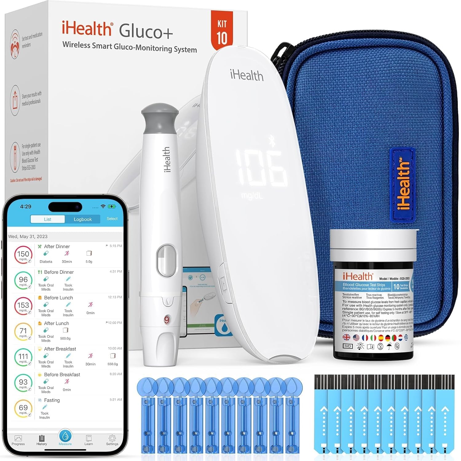 iHealth Gluco+ Wireless Smart Blood Glucose Monitor Kit with Free App, 10 Glucometer Strips, 10 Lancets, 1 Blood Sugar Monitor, 1 Lancing Device, Portable Diabetes Testing Kit for Home Use iHealth Gluco+ Wireless Smart Blood Glucose Monitor Kit with Free App, 10 Glucometer Strips, 10 Lancets, 1 Blood Sugar Monitor, 1 Lancing Device, Portable Diabetes Testing Kit for Home Use