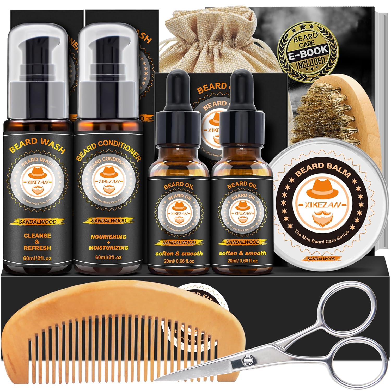 XIKEZAN Beard Kit,Beard Grooming Kit w/2 Pack Sandalwood Beard Care Oil,Beard Wash,Beard Balm,Beard Comb,Brush,Scissor,Bag,E-Book,Mens Stocking Stuffers for Men,Valentines Day Gifts for Him Boyfriend XIKEZAN Beard Kit,Beard Grooming Kit w/2 Pack Sandalwood Beard Care Oil,Beard Wash,Beard Balm,Beard Comb,Brush,Scissor,Bag,E-Book,Mens Stocking Stuffers for Men,Valentines Day Gifts for Him Boyfriend