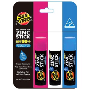 Sun Zapper Zinc Oxide Sunscreen – Pink, White & Blue – SPF 50+ Very High Sun Protection Waterproof Sunblock for Face & Body, Adults, Kids, Baby – Travel Stick