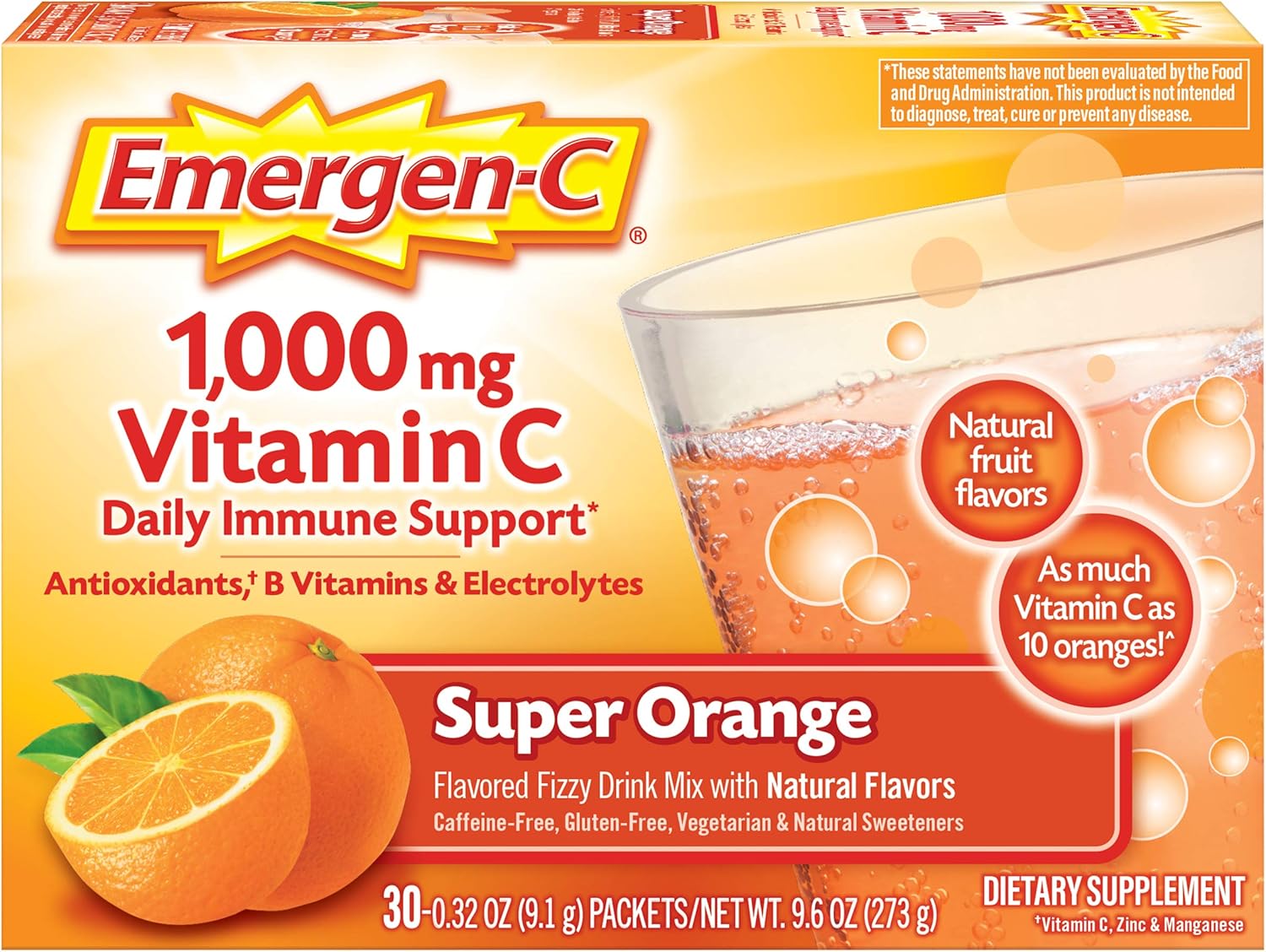 Emergen-C 1000mg Vitamin C Powder for Daily Immune Support Caffeine Free Vitamin C Supplements with Zinc and Manganese, B Vitamins and Electrolytes, Super Orange Flavor – 30 Count Emergen-C 1000mg Vitamin C Powder for Daily Immune Support Caffeine Free Vitamin C Supplements with Zinc and Manganese, B Vitamins and Electrolytes, Super Orange Flavor – 30 Count