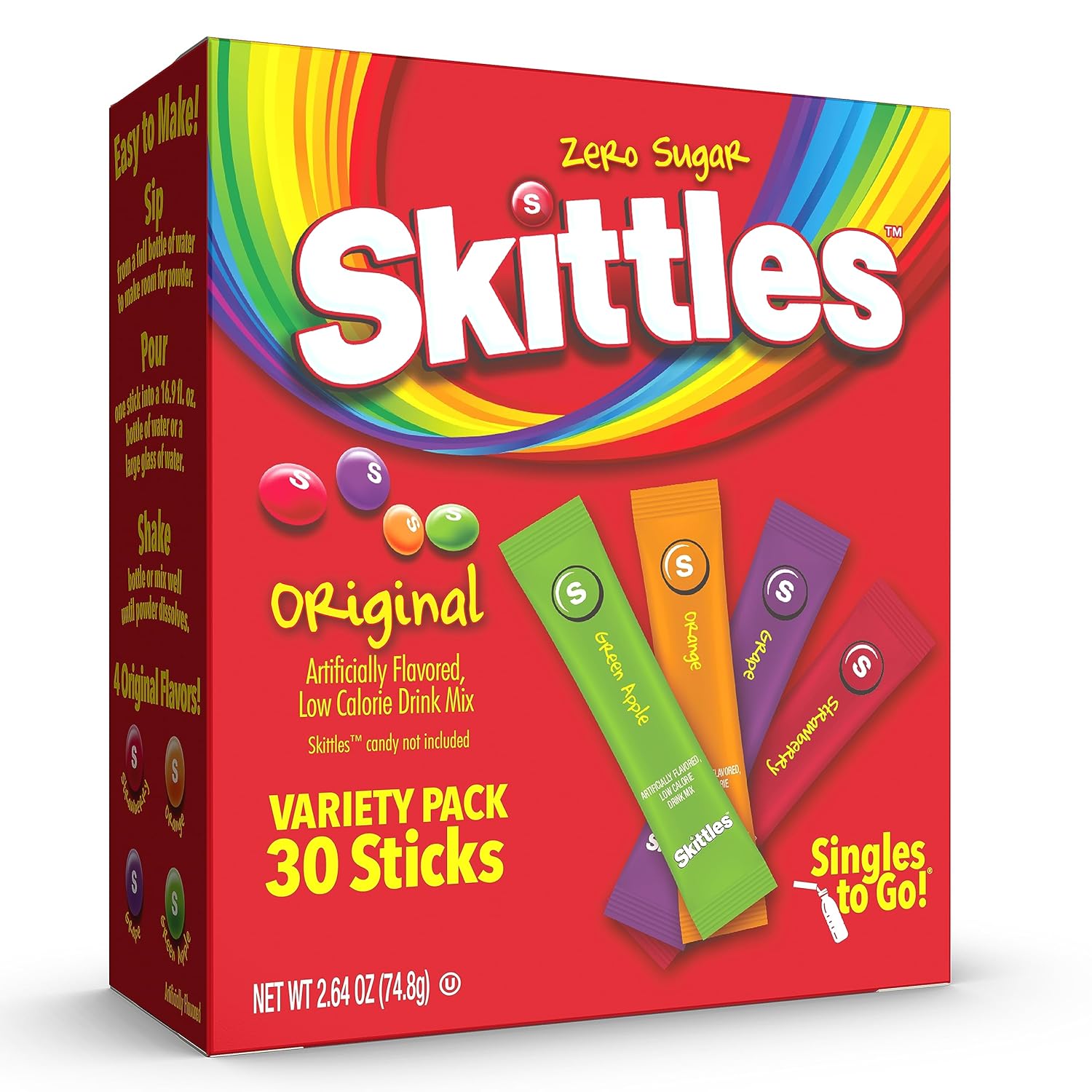 Skittles Singles To Go Variety Pack, Powdered Drink Mix, Zero Sugar, Low Calorie, Includes 4 Flavors: Green Apple, Strawberry, Grape, Orange, 1 Box (30 Single Servings) Skittles Singles To Go Variety Pack, Powdered Drink Mix, Zero Sugar, Low Calorie, Includes 4 Flavors: Green Apple, Strawberry, Grape, Orange, 1 Box (30 Single Servings)