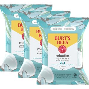 Burt’s Bees Coconut & Lotus Face Wipes, for All Skin Types, Micellar Makeup Remover & Facial Cleansing Towelettes, 30 Ct. (3-Pack)