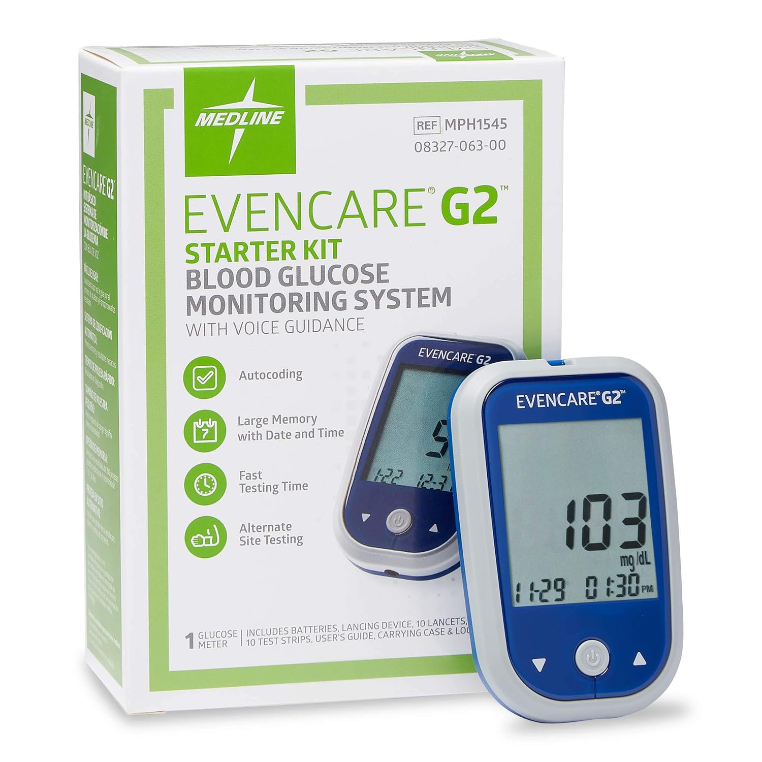 Medline EvenCare G2 Blood Glucose Monitor Starter Kit, Diabetic Care, 6 Sec Results, Meter, General Purpose Lancing Device & Lancets, Test Strips, Batteries, Guide, Carrying Case, Logbook, Voice Guidance Medline EvenCare G2 Blood Glucose Monitor Starter Kit, Diabetic Care, 6 Sec Results, Meter, General Purpose Lancing Device & Lancets, Test Strips, Batteries, Guide, Carrying Case, Logbook, Voice Guidance