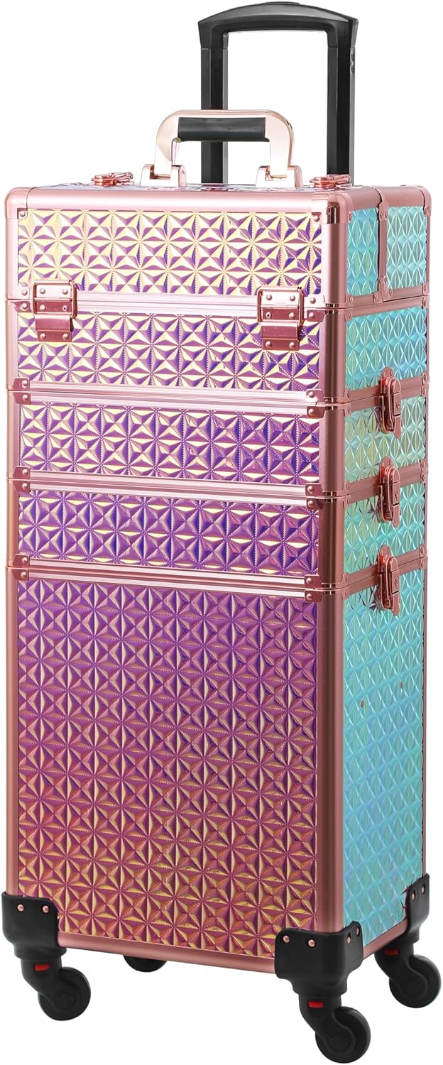 4 in 1 Portable Traveling Aluminum Professional Makeup Trolley Cart with Multiple-Sized Compartments and Wheels (Golden diamond) 4 in 1 Portable Traveling Aluminum Professional Makeup Trolley Cart with Multiple-Sized Compartments and Wheels (Golden diamond)