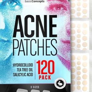 BASIC CONCEPTS Acne Patches (120 Pack), Salicylic Acid, Tea Tree Oil and Hydrocolloid Pimple Patches for Face, Zit Patch (3 Sizes), Blemish Patches, Acne Spot Dots, Pimple Stickers, Acne Patches