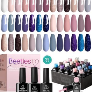Beetles 23Pcs Gel Nail Polish Kit with Glossy Matte Top Coat and Base Coat Girls Night Collection White Nude Gray Glitters Gel Nail Polish Set U V Soak Off Holiday Manicure for Women Girls