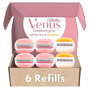 Gillette Venus ComfortGlide White Tea 4 count, with Gillette Venus ComfortGlide plus Olay 2 count, Women’s Razor Blade Refills
