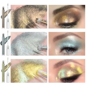 Multichrome Liquid Eyeshadow Set,3 Colors Multi-Dimensional Eye Liner Makeup,High Pigment Waterproof Metallic Eyeshadow,Ultre Fine Tip Glitter Eyeshadow (07 bronzer+08 armor+09 gold)