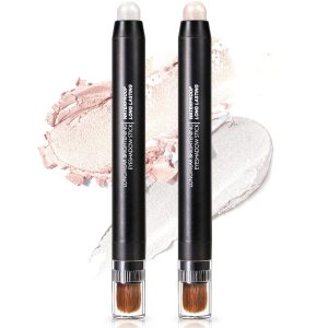 2PCS Eyeshadow Stick,Champagne White Shimmer Eye Shadow Pencil Brightener Inner Corner Eye Liner Crayon Highlighter Cream Metallic Waterproof Longlasting Lying Silkworm Makeup with Brush Set