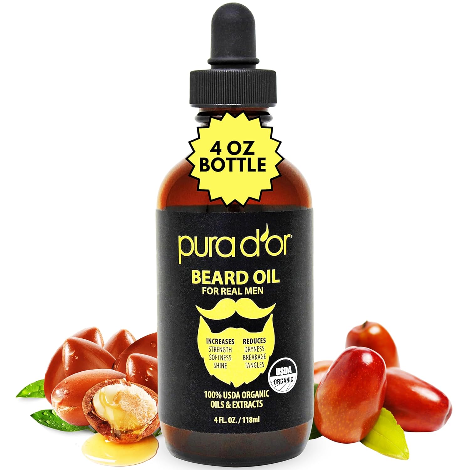 PURA D’OR 4 Oz ORGANIC Beard Oil – USDA Certified – 100% Natural Leave-In Conditioner, Argan & Jojoba Oil – Mustache Care & Maintenance, Increase Softness & Strength – Beard Hair, Skin & Face PURA D’OR 4 Oz ORGANIC Beard Oil – USDA Certified – 100% Natural Leave-In Conditioner, Argan & Jojoba Oil – Mustache Care & Maintenance, Increase Softness & Strength – Beard Hair, Skin & Face