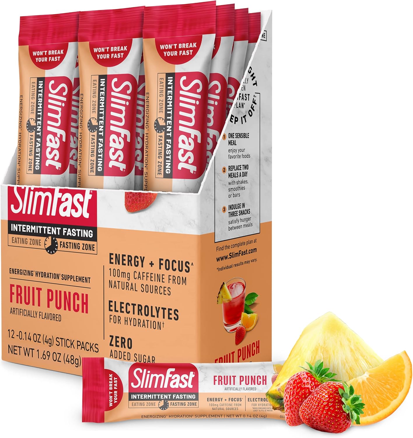 Hydration Packets, SlimFast Intermittent Fasting Electrolytes, Energy Powder Drink Mix, Caffeine from Natural Sources- Fruit Punch (12 Count) Hydration Packets, SlimFast Intermittent Fasting Electrolytes, Energy Powder Drink Mix, Caffeine from Natural Sources- Fruit Punch (12 Count)