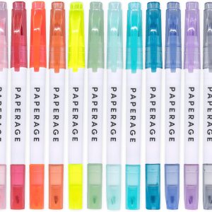 PAPERAGE Clear View Highlighters, Assorted Pastel Colors, Double Ended Highlighter Set, Broad & Fine Tip, 12 Count