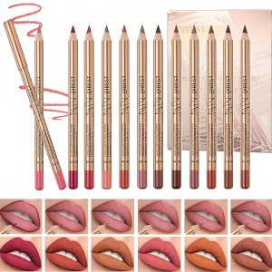 12 pcs Lipstick Pencil Matte Lip Liner Set, Plump Nude Lip Shape No Smudge Longwear Non-sticky High Pigmented Natural Lip Gloss Primer Makeup (A)