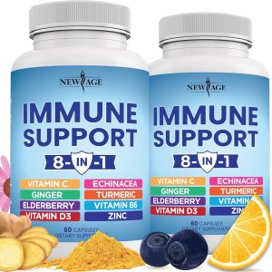 8 in 1 Immune Support Booster Supplement with Echinacea, Vitamin C and Zinc 50mg, Vitamin D 5000 IU, Turmeric Curcumin & Ginger, B6, Elderberry 120 Count (Pack of 2)