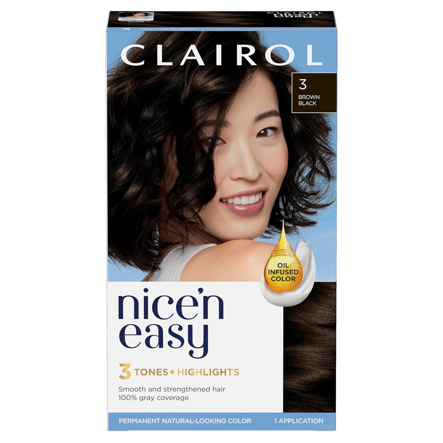 Clairol Nice’n Easy Permanent Hair Dye, 3 Brown Black Hair Color, Pack of 1 Clairol Nice’n Easy Permanent Hair Dye, 3 Brown Black Hair Color, Pack of 1