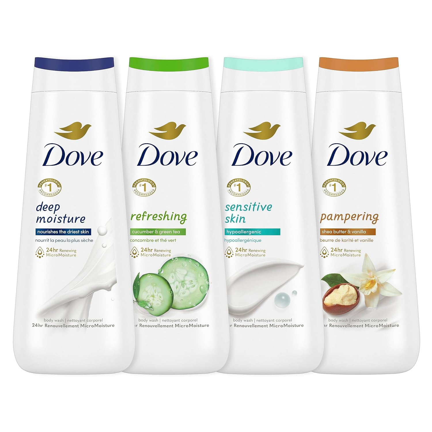 Dove Body Wash Deep Moisture, Sensitive Skin, Cucumber and Green Tea, and Shea Butter & Vanilla Collection 4 Count Skin Cleanser with 24hr Renewing MicroMoisture 20 oz Dove Body Wash Deep Moisture, Sensitive Skin, Cucumber and Green Tea, and Shea Butter & Vanilla Collection 4 Count Skin Cleanser with 24hr Renewing MicroMoisture 20 oz