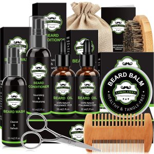 Beard Kit for Men with Beard Wash, Beard Conditioner, Beard Oil, Beard Balm, Beard Brush, Beard Comb, Beard Scissors, Storage Bag, Gifts for Men Dad Husband Boyfriend