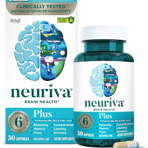 NEURIVA Plus Brain Supplement for Memory and Focus Clinically Tested Nootropics for Concentration for Mental Clarity, Cognitive Enhancement Vitamins B6, B12, Phosphatidylserine 30 Capsules