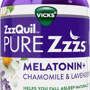 ZzzQuil PURE Zzzs Melatonin Sleep Aid Gummies, Helps You Fall Asleep Naturally, Wildberry Vanilla Flavor, Chamomile Lavender & Valerian Root, 2mg per gummy, 72 Count