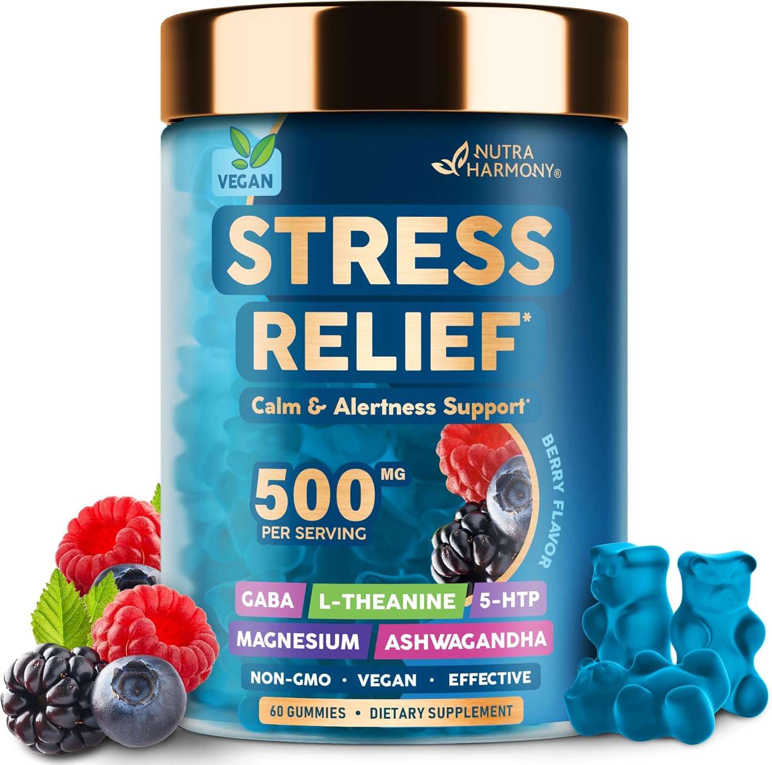 Stress Relief Supplement Gummies 500 mg – GABA | L-Theanine | 5-HTP | Magnesium | Ashwagandha – Calm, Relax & Sleep Support – Natural Mixed Berry Flavor – Non-habit forming – NON-GMO, Vegan, 60 Gummy Stress Relief Supplement Gummies 500 mg – GABA | L-Theanine | 5-HTP | Magnesium | Ashwagandha – Calm, Relax & Sleep Support – Natural Mixed Berry Flavor – Non-habit forming – NON-GMO, Vegan, 60 Gummy