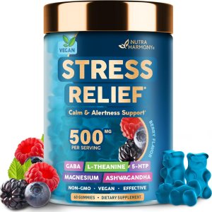 Stress Relief Supplement Gummies 500 mg – GABA | L-Theanine | 5-HTP | Magnesium | Ashwagandha – Calm, Relax & Sleep Support – Natural Mixed Berry Flavor – Non-habit forming – NON-GMO, Vegan, 60 Gummy