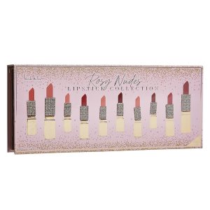 Nicole Miller 10PC Lipstick Collection with Gold & Pink Spot Glitter, Cold Wave Varnish, Embossing, and Free Formulation in Pink Gold