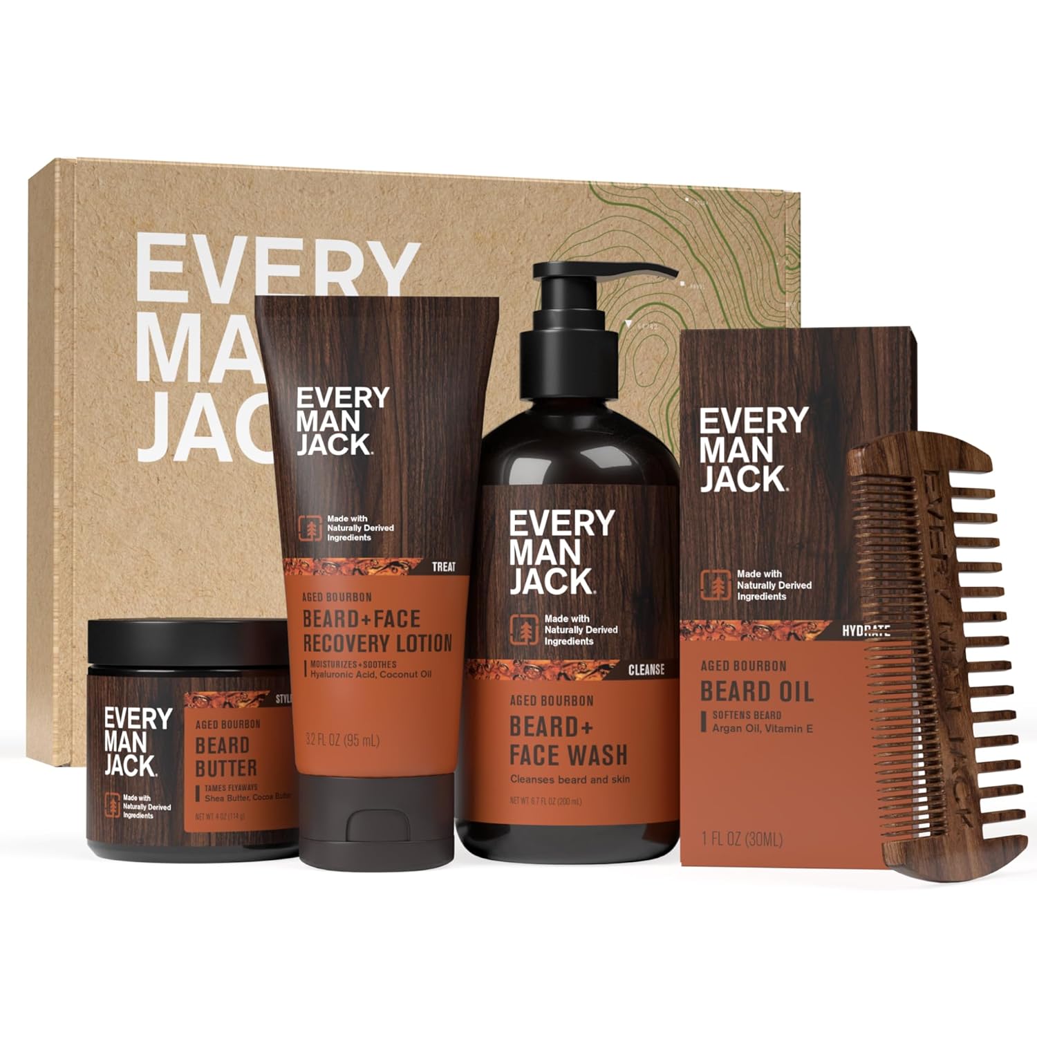 Every Man Jack Mens Aged Bourbon Beard Set – Five Full-Sized Grooming Essentials For a Complete Routine – Beard + Face Wash, Beard + Face Lotion, Hydrating Beard Oil, Beard Butter, and Beard Comb Every Man Jack Mens Aged Bourbon Beard Set – Five Full-Sized Grooming Essentials For a Complete Routine – Beard + Face Wash, Beard + Face Lotion, Hydrating Beard Oil, Beard Butter, and Beard Comb
