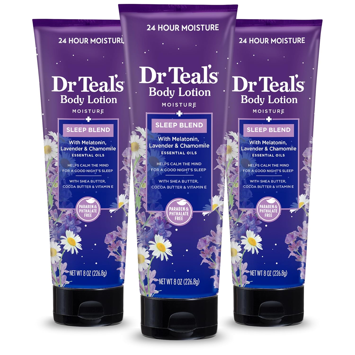Dr Teal’s Sleep Body Lotion, 24-Hour Moisture, with Melatonin, Lavender & Chamomile Essential Oils, 8 fl oz (Pack of 3)(Packaging May Vary) Dr Teal’s Sleep Body Lotion, 24-Hour Moisture, with Melatonin, Lavender & Chamomile Essential Oils, 8 fl oz (Pack of 3)(Packaging May Vary)